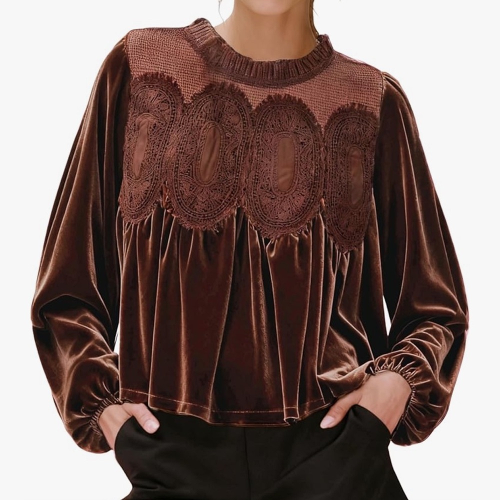 NWOT Gozoloma Velvet Trim Lace Long Sleeve Blouse